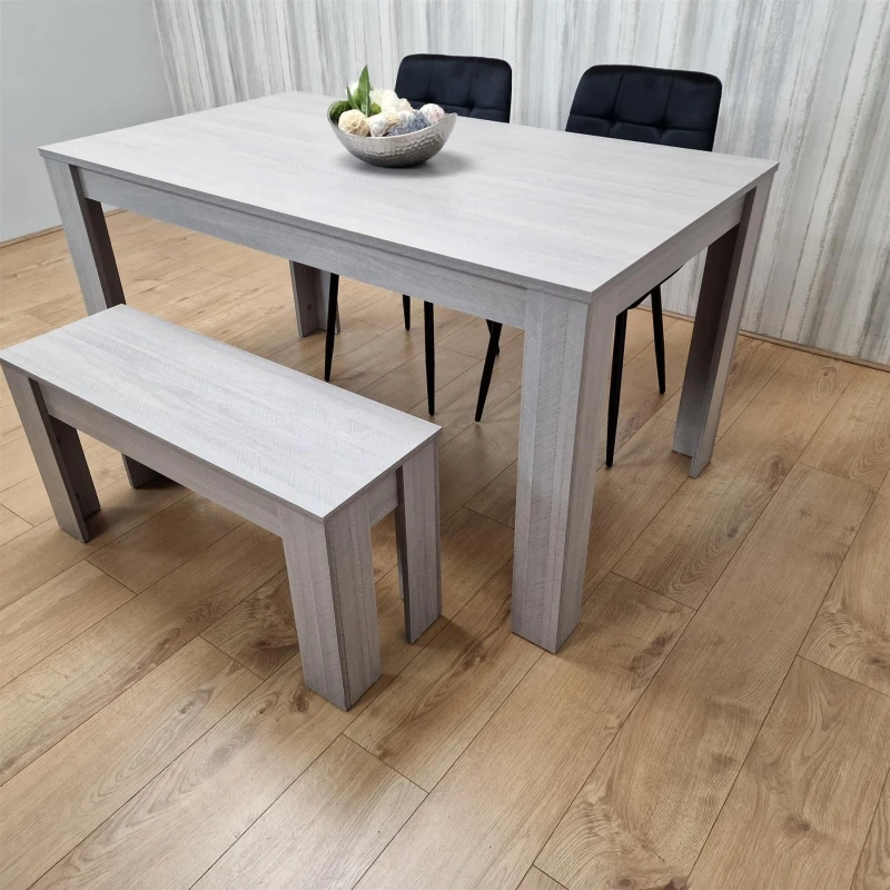 Image of KOSY KOALA Kosy Koala - Dining Table and 2 Chairs With Bench Grey 2 Black Velvet Chairs Wood Dining Set Furniture Arrow Grey 117 + 2 Black Rocco + 1 B