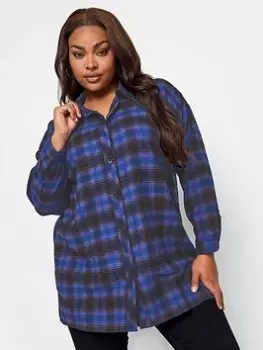 Image of Yours Brushed Oversized Boyfriend Shirt Blue Check, Blue, Size 16, Women