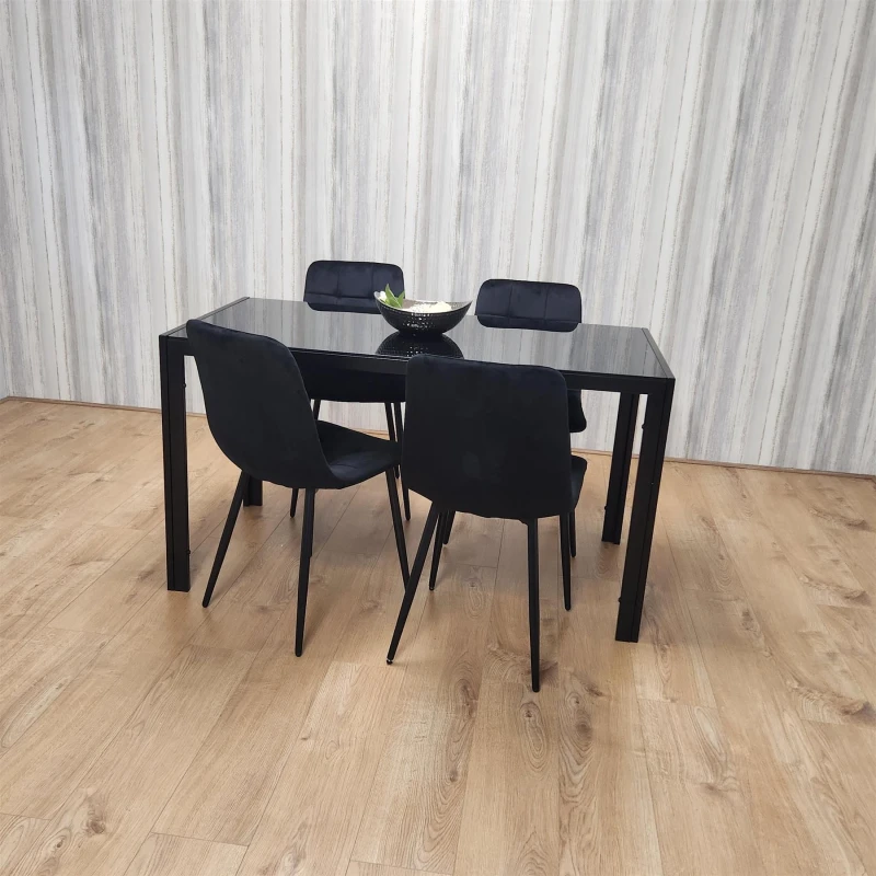 Image of KOSY KOALA Dining Table and 4 Chairs Black Glass 4 Velvet Chairs Dining Room Furniture Black