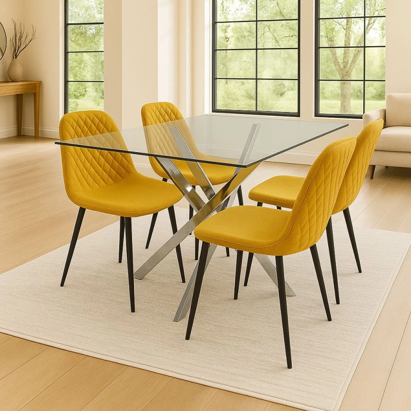 Image of KOSY KOALA KOSY KOALA Round Glass Dining Table with 4 musturd Leather Chairs Dining Room Furniture in Clear Clear One Size Unisex 5061055345947