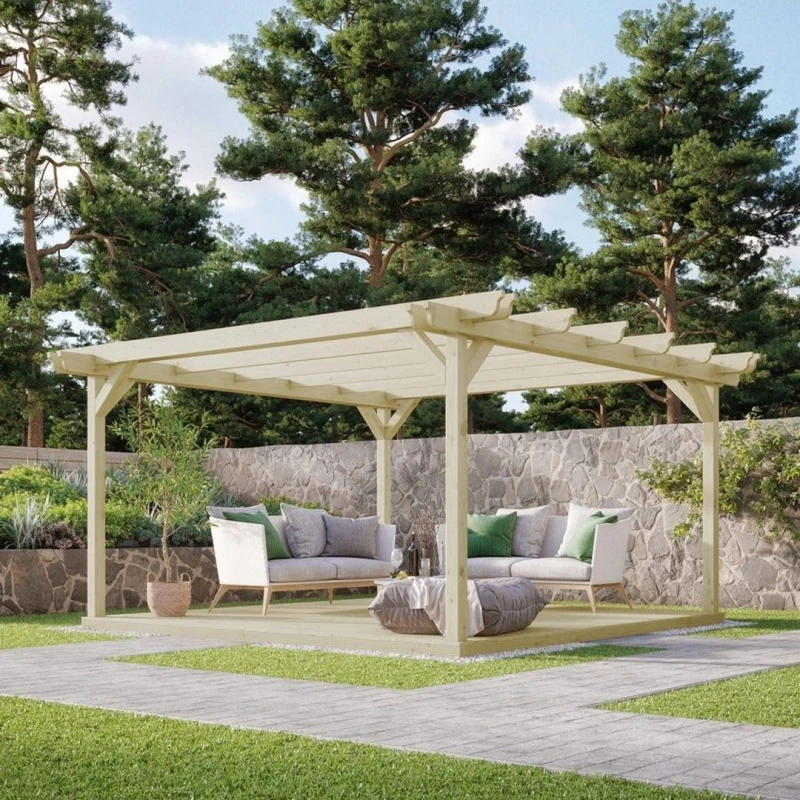 Image of Rutland County Garden Furniture Ltd Double Garden Pergola & Decking Kit, L360 x W360 cm, Rustic Brown in Light Green Light Green Unisex