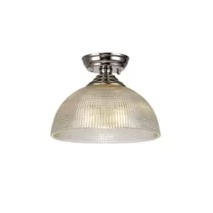 image of Dresden Flush Ceiling Lamp E27 With Round 30cm Prismatic Effect Glass Shade Polished Nickel, Clear