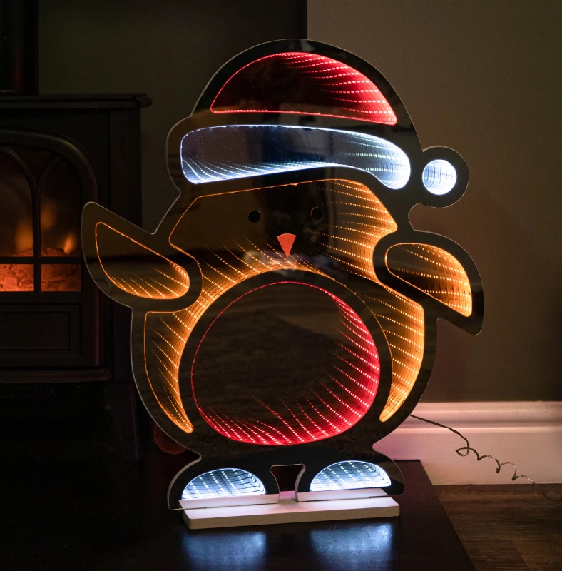 Image of 60cm Light up Robin in Santa Hat Christmas Infinity Decoration with LEDs