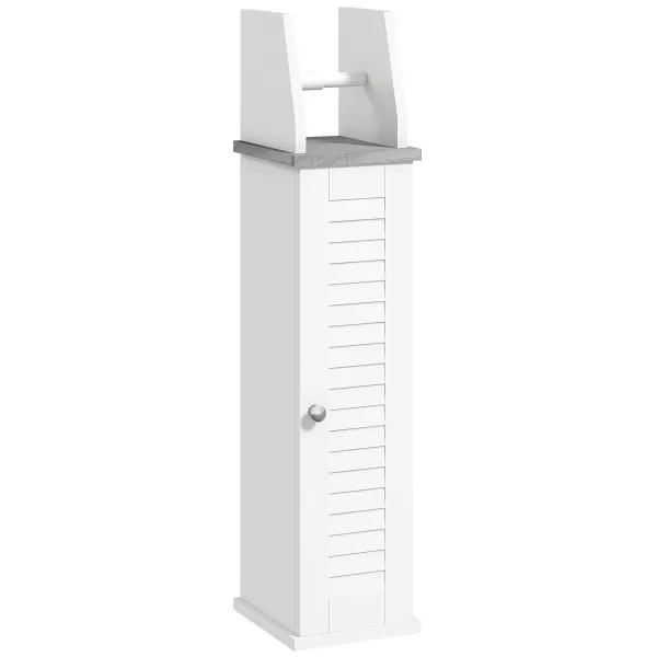 Image of kleankin Slim Bathroom Floor Cabinet with Cupboard, Roll Holder and Adjustable Shelf, Toilet Roll Storage Unit for Toilet Paper, Shampoo, White