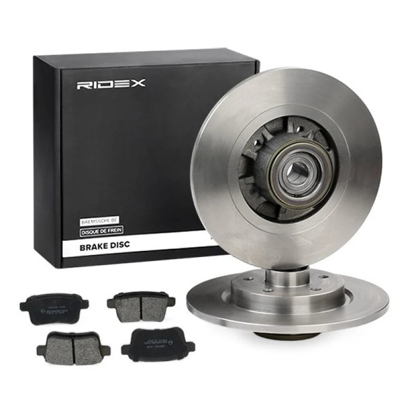 Image of RIDEX 3405B0398 Brake disc and pads set Rear Axle, Brake Disc Type: Solid, not prepared for wear warning indicator, with ABS sensor ring Brake Set,di