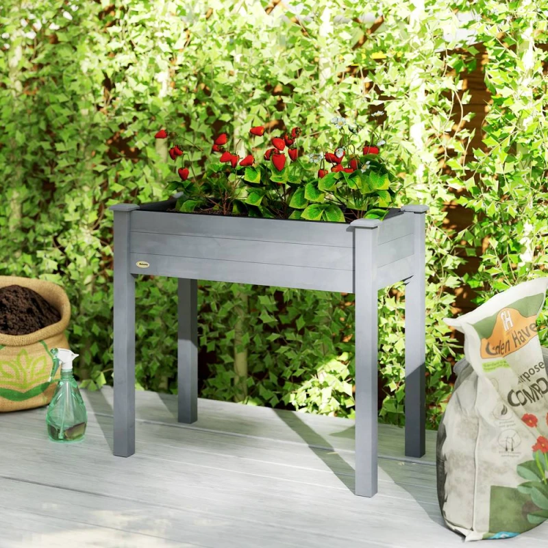 Image of OUTSUNNY Garden Wooden Planter Flower Raised Bed, Dark Grey Dark Grey Unisex