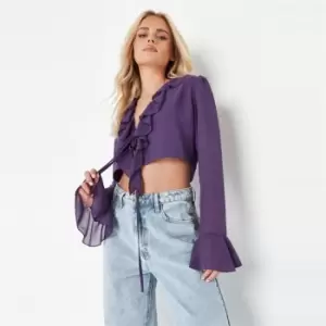 image of Missguided Tie Frnt Ruffle Crop Sheer Blouse - Purple