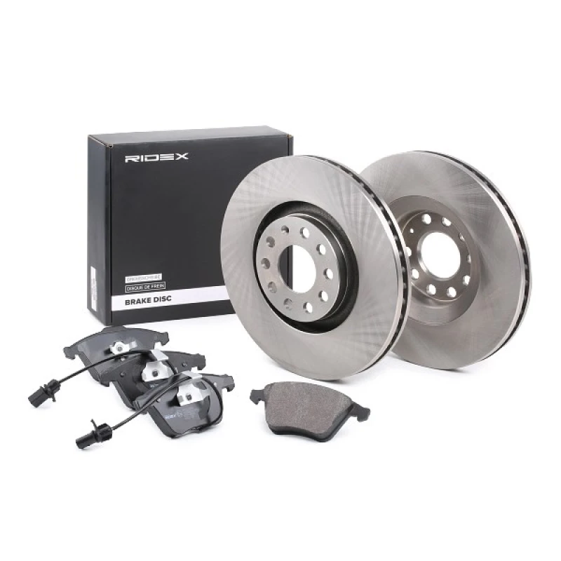 Image of RIDEX 3405B0193 Brake disc and pads set Front Axle, Brake Disc Type: Vented, incl. wear warning contact, with anti-squeak plate Brake Set,disc brakes