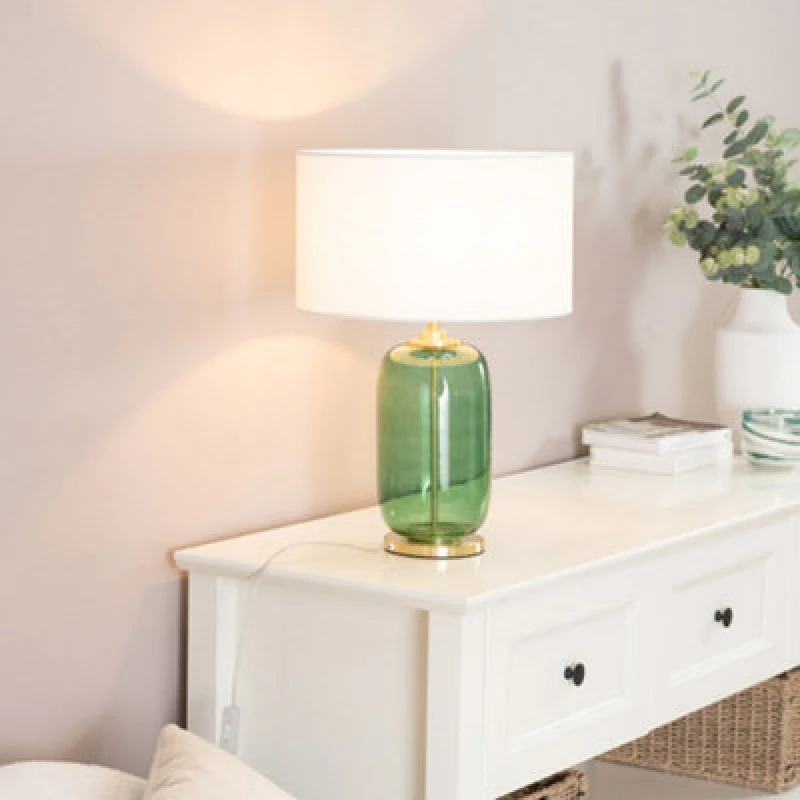 Image of ValueLights Leigh Fabric Drum Shade and Forest Green Glass Gold Trim Table Lamp & LED Bulb White