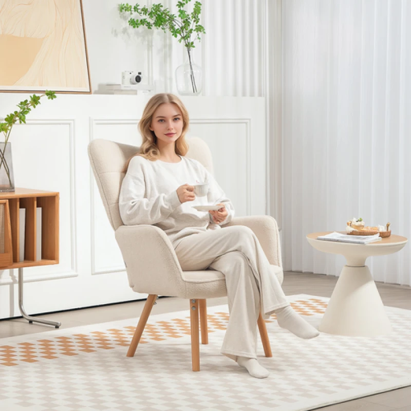 Image of HOMCOM HOMCOM Upholstered Tufted Wingback Armchair with Wood Legs, Cream White Size: Small Cream Small Unisex 5063603020665