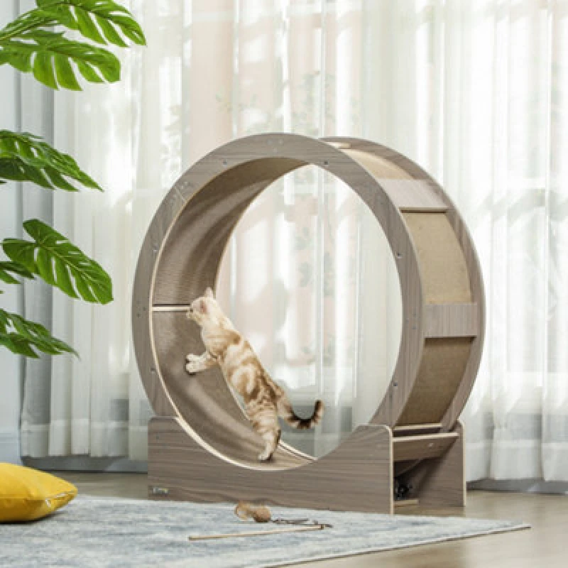 Image of PawHut Cat Wheel with Brake, Scratching Pads Brown