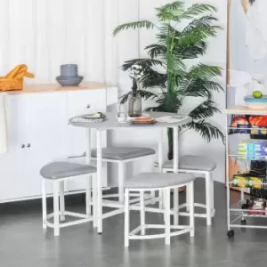 Image of HOMCOM 5 Piece Modern Round Dining Table Set with 4 Upholstered Stools Grey And White