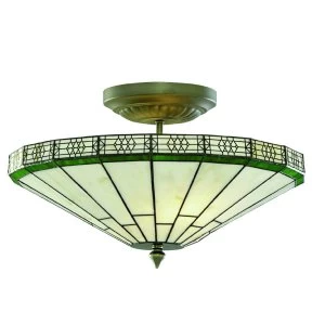 Image of 2 Light Semi Flush Ceiling Light Antique Brass, Tiffany Glass, E14