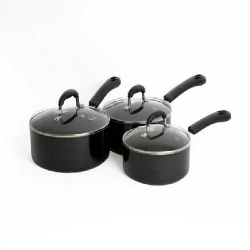 Image of Masterclass 3pc Non-Stick Aluminium Saucepan Set with Lids, 16cm, 18cm and 20cm Black