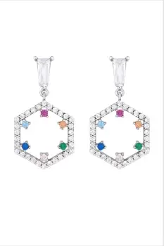 image of Rhodium Plated Cubic Zirconia Open Hexagon Multi Drop Earrings