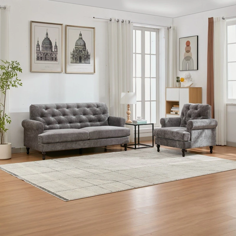 Image of FURNITURE ONE Velvet Tufted Sofa Set, Gray Velvet Sectional Couch Suite-1+3 Set in Grey Size: 1 Pack Grey Unisex 1 Pack
