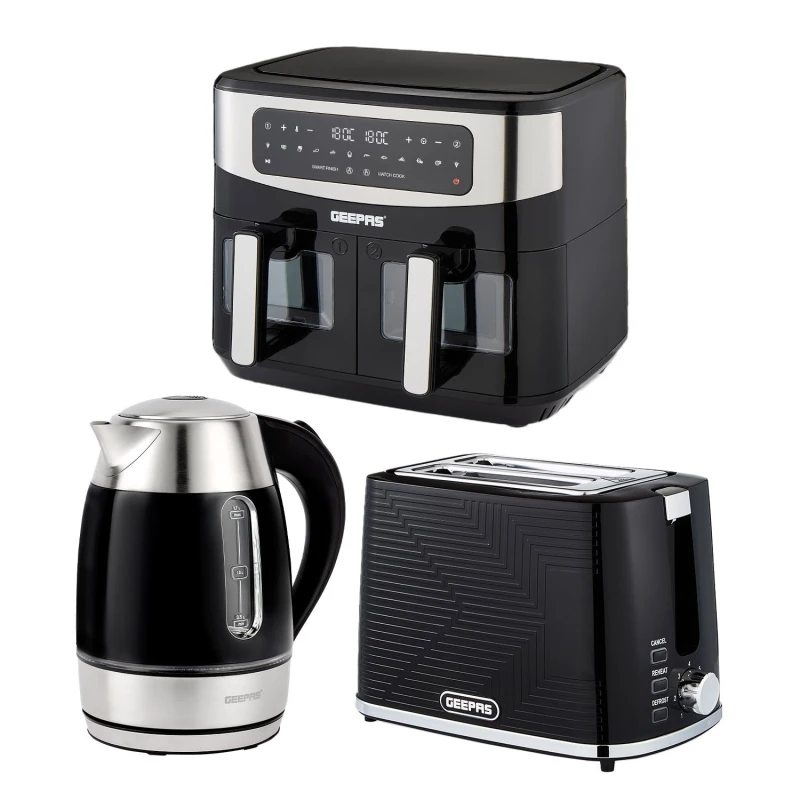 Image of Geepas 1.7L Illuminating Electric Kettle 2 Slice Bread Toaster & 9L Dual Zone Air Fryer Kitchen Combo Set in Black Unisex