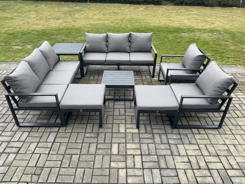 Image of Fimous Aluminium Patio Outdoor Garden Furniture Lounge Sofa Set with Square Coffee Table 2 Chairs Side Table 2 Big Footstool Dark Grey Dark Grey Unise