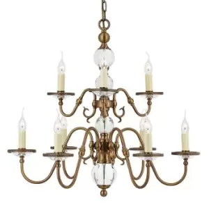 image of Flemish Ceiling Pendant Chandelier Antique Brass & Crystal Curved 9 Lamp Light