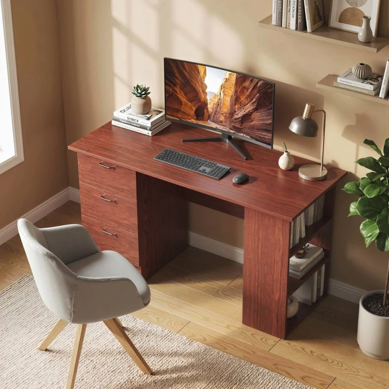 Image of HOMCOM 120cm PC Table Workstation Computer Desk w/ Drawers, 3 Shelves Walnut in Dark Brown Size: 120 Dark Brown Unisex 120