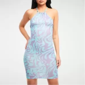 image of Missguided Swirl Print Halterneck Mini Dress - Blue