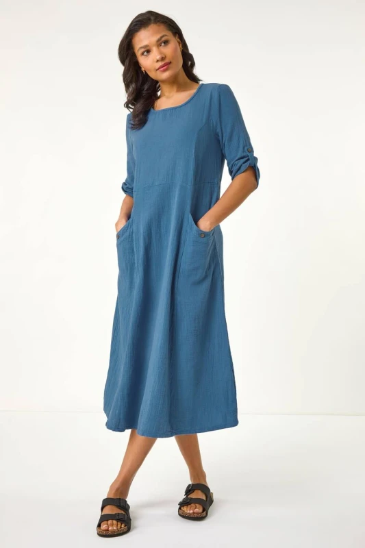 Image of Roman Womens Textured A-Line Midi Dress in Blue Size: 20 Blue Female 20