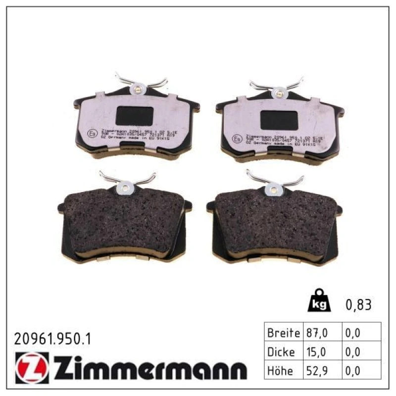 Image of ZIMMERMANN Brake pad set ZIMMERMANN 20961.950.1