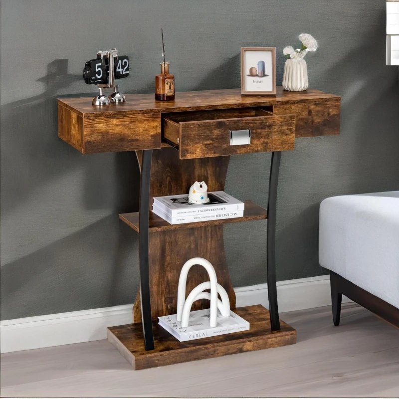 Image of Rafaelo Mobilia Industrial T Shaped Narrow Console Table With Drawer in Dark Brown Dark Brown Unisex