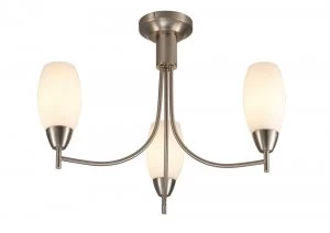 image of Semi Flush Ceiling 3 Light E14 Satin Nickel, Opal Glass