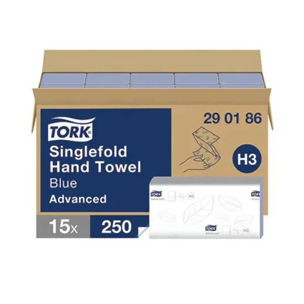 image of Tork Singlefold Hand Towels H3 Advanced Embossed 15x250 Sheets Blue (Pack of 3750) 290186