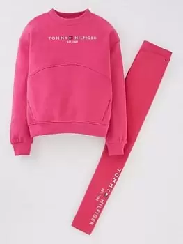 image of Tommy Hilfiger Girls Essential Sweat and Legging Set - Magenta, Magenta, Size Age: 10 Years, Women