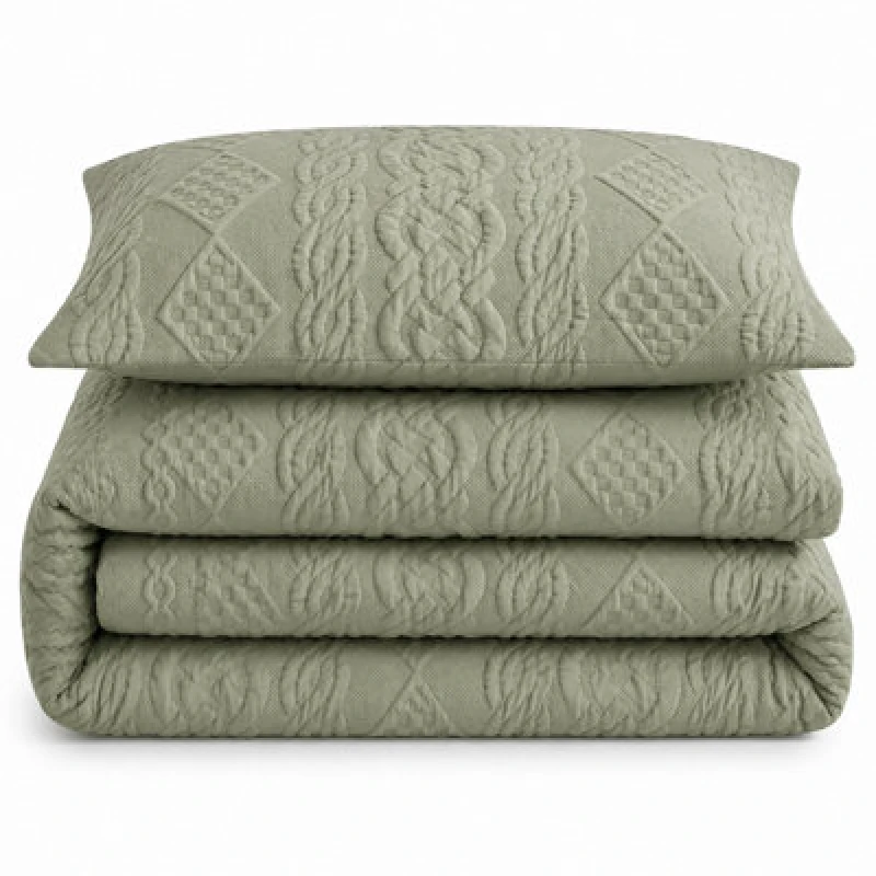 Image of Velosso Green Quilted Knit Pinsonic Duvet Cover And Pillowcase Set Single