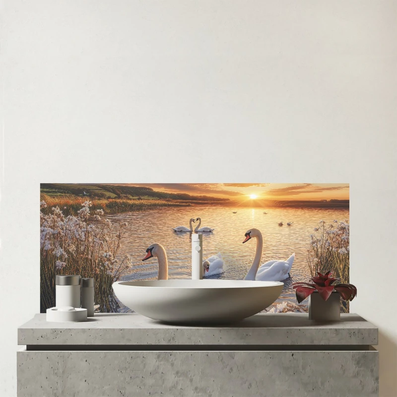 Image of Warren Reed - Designer Swans At Sunset In A Beautiful Lake Glass Bathroom Splashback Multicolor Unisex