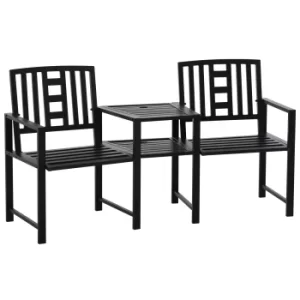 image of Outsunny Patio Tete-a-tete Chair 2 Seat Bench Middle Coffee Table w/ Umbrella Hole for Outdoors Decorative Slatted Design Steel Frame Black