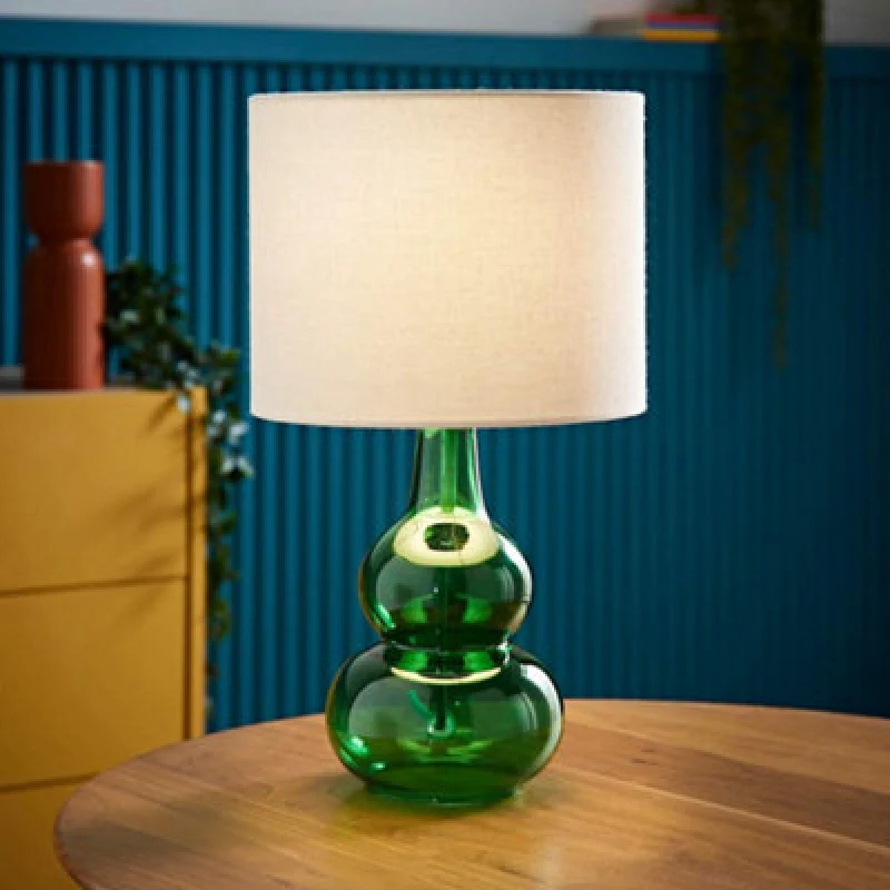 Image of ValueLights ValueLights Aida Natural Linen Tall Lamp Shade Bright Bubble Glass Table Lamp in Bright Green Bright Green One Size Unisex 5016529271789