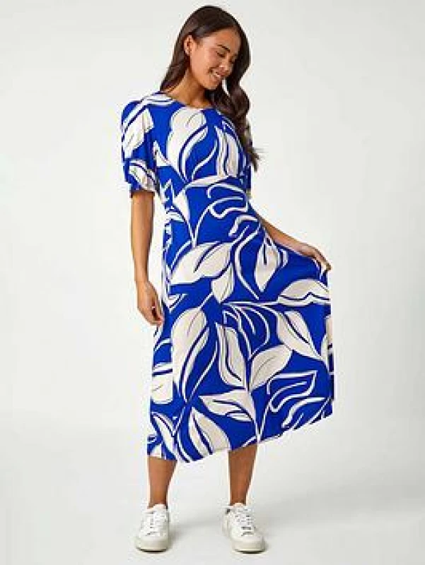 Image of Roman Womens Petite Leaf Stretch Midi Dress in Royal Size: 14 Royal Female 14