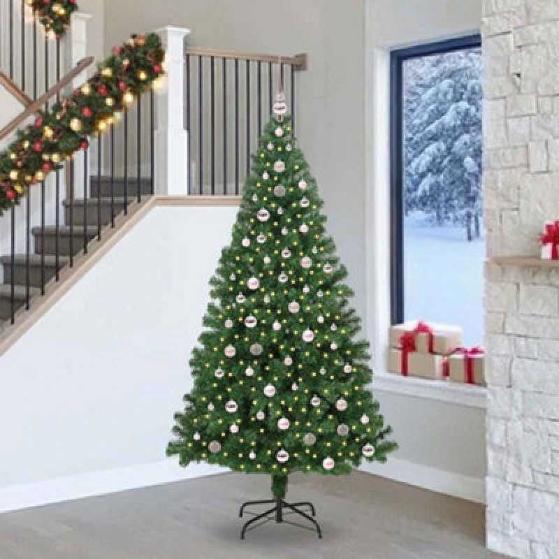 Image of vidaXL Artificial Christmas Tree with 300 LEDs, Pink Balls with Stand Green 240 cm, Green 3396933
