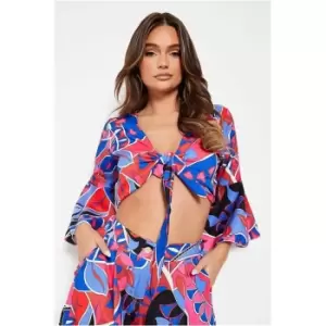 I Saw It First Blue Printed Knot Front Flared Sleeve Top - Blue