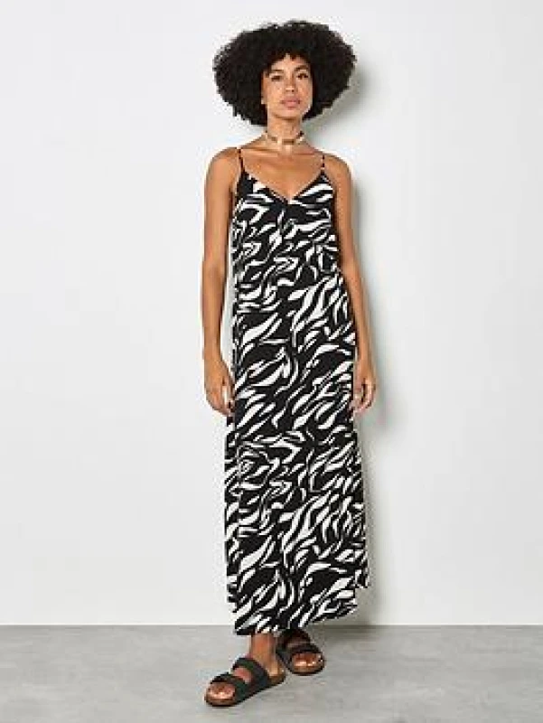 Image of Apricot Animal Print Trapeze Cami Maxi Dress - Black X27QT Female L,M,S,XL,XS