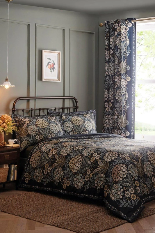 Image of Appletree Evelina Cotton Sateen Floral Duvet Cover - Navy Navy unisex Super King
