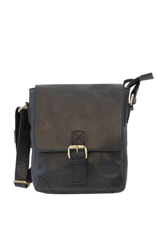 Image of PRIMEHIDE 'Columbia' Leather Buckle Messenger Bag Black