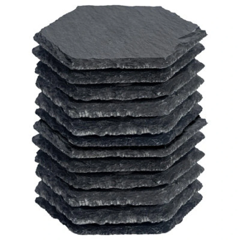 Image of Argon Tableware 12X Hexagonal Slate Coasters - Drink Coasters Black Stone Natural Slate Rough Edge Drinks Mat Mug Glass Cup Mats