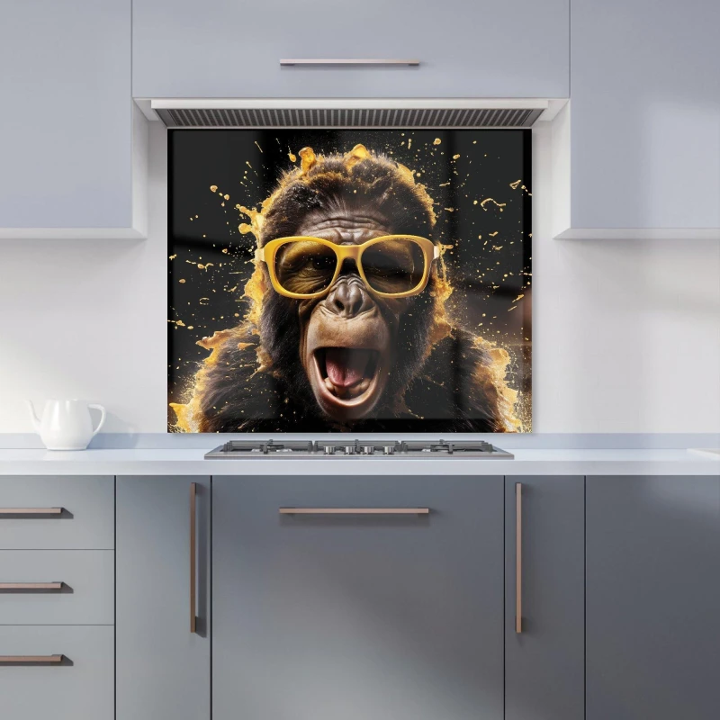 Image of Warren Reed - Designer Splashart Monkey Face With Yellow Glasses Kitchen Splashback in Orange Size: 600mm x 750mm Orange Unisex 600mm x 750mm