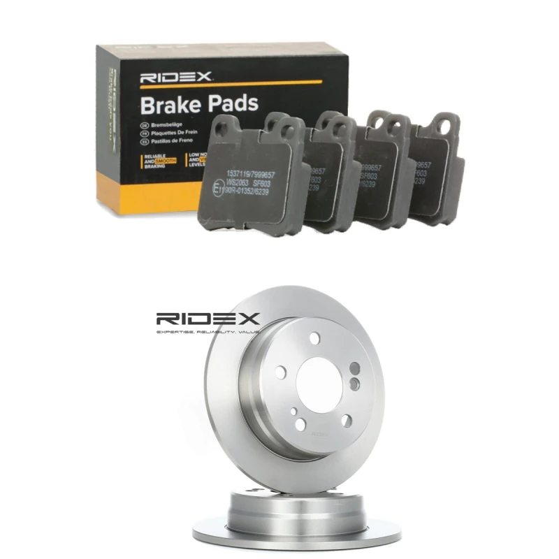 Image of RIDEX 3405B1905 Brake disc and pads set Rear Axle, Brake Disc Type: Solid, excl. wear warning contact Brake Set,disc brakes (3405)