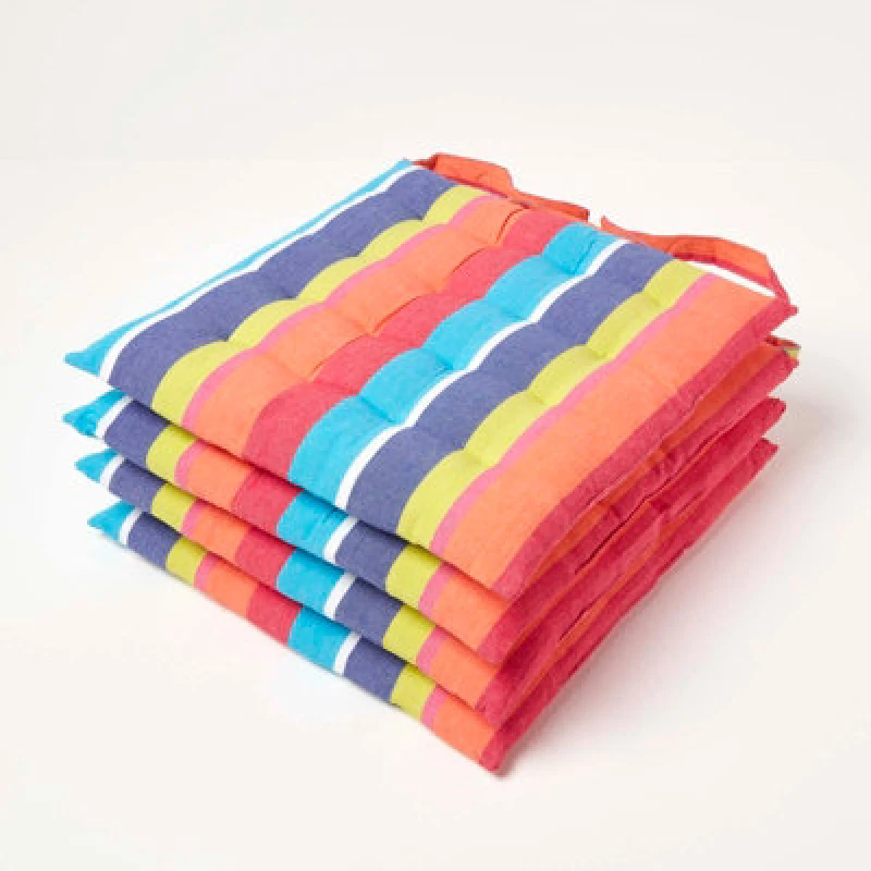 Image of Homescapes Multi Stripe Seat Pad with Button Straps 100% Cotton 40 x 40cm Set of 4 Multi