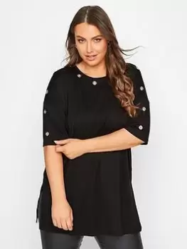Image of Yours Oversized Tee Eyelet Detail Black/silver, Black, Size 16, Women