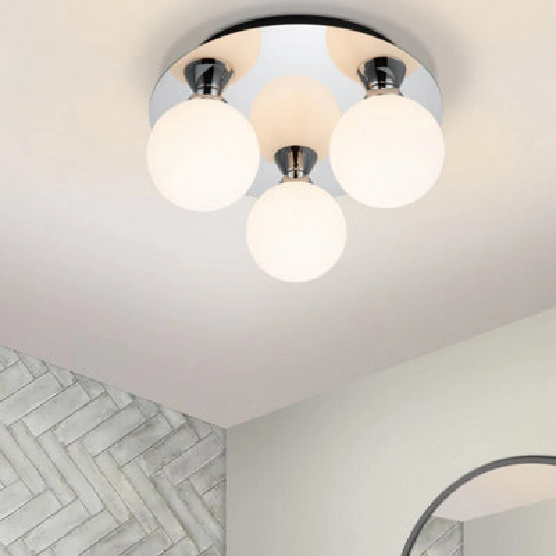 Image of Cosylyte Bowen Bathroom 3 Light Classic Opal Glass Ceiling Flush Light - Chrome