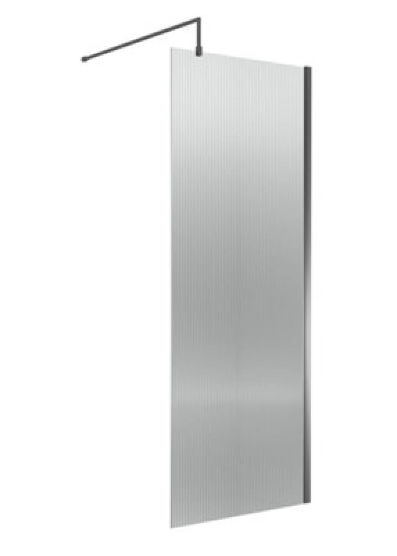 Image of Nuie Fluted Wetroom Screen, Durable Fixed Glass Shower Screen With Support Bar For Wet Room In Brushed Pewter, 1850 X 800mm