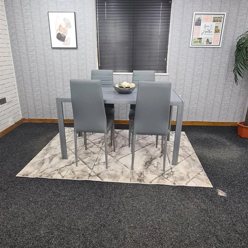 Image of KOSY KOALA Dining Table and 4 Chairs Grey Glass 4 Leather Chairs Dining Room Furniture All grey 120 + 4 grey metal