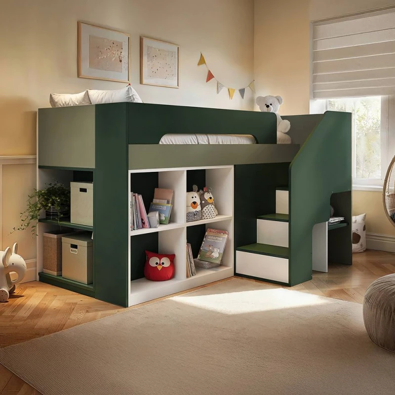 Image of Flair Quinn Staircase Mid Sleeper Bed with Storage in Green Size: Single Green Unisex Single